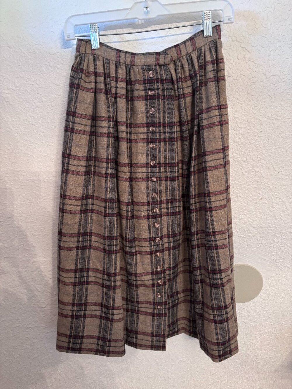 Tica vintage Brown wool lined plaid midi skirt button front 8 preppy equestrian